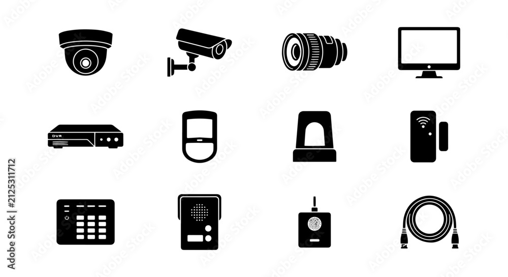 Fototapeta premium Security System Icons: Surveillance Cameras, Monitor, DVR, Alarm, Intercom, Cable