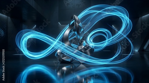 Abstract Metallic Sculpture with Swirling Blue Light Energy in Dark Futuristic Environment