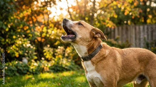 A brown dog barking loudly in a backyard setting