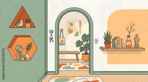 Minimalist Interior Hallway Scene with Geometric Shelving and Greenery