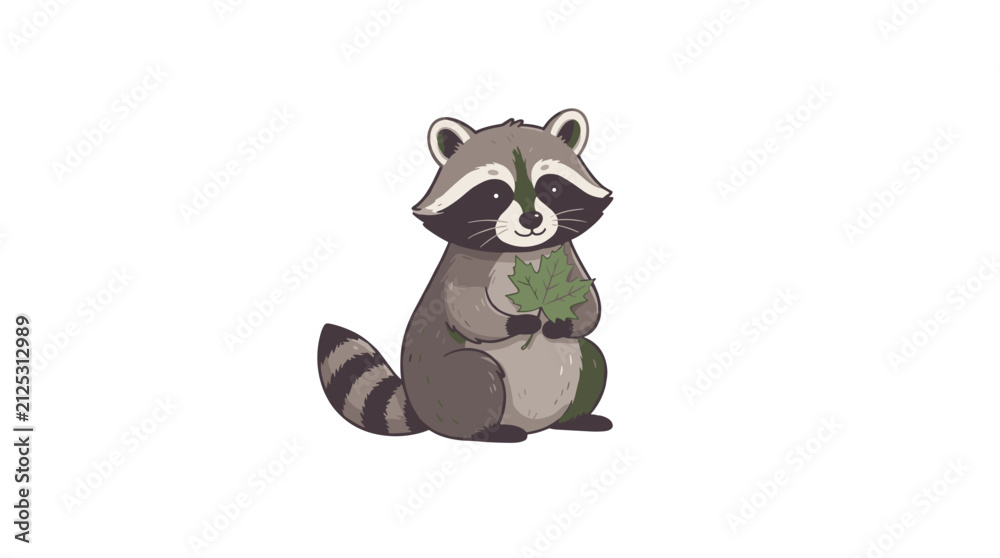 Naklejka premium Cute raccoon holding a green leaf sitting