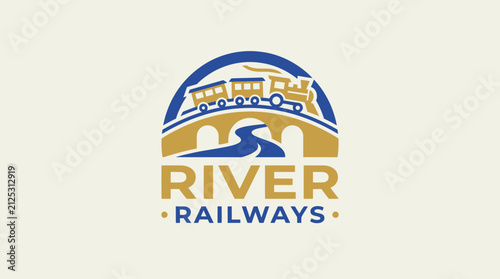 Vintage Tourist Train Crossing Arch Bridge Over River Railways Logo Design with Classic Locomotive
