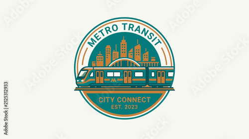 Metro Transit City Skyline Badge with Modern Train and Urban Skyscrapers Circular Logo Design