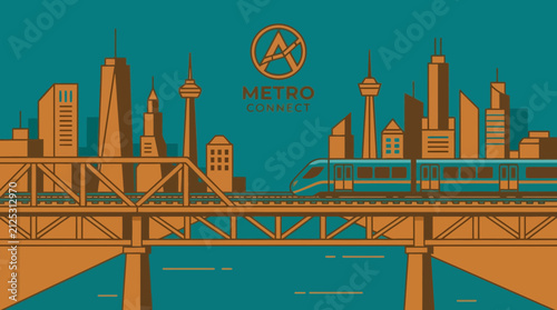 Modern Metro Train Crossing Rail Bridge with City Skyline Silhouette Illustration in Flat Style
