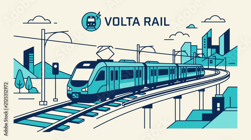 Modern Electric Commuter Train Illustration on Elevated Tracks with City Skyline for Volta Rail