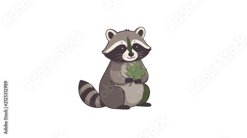 Cute raccoon holding a green leaf sitting