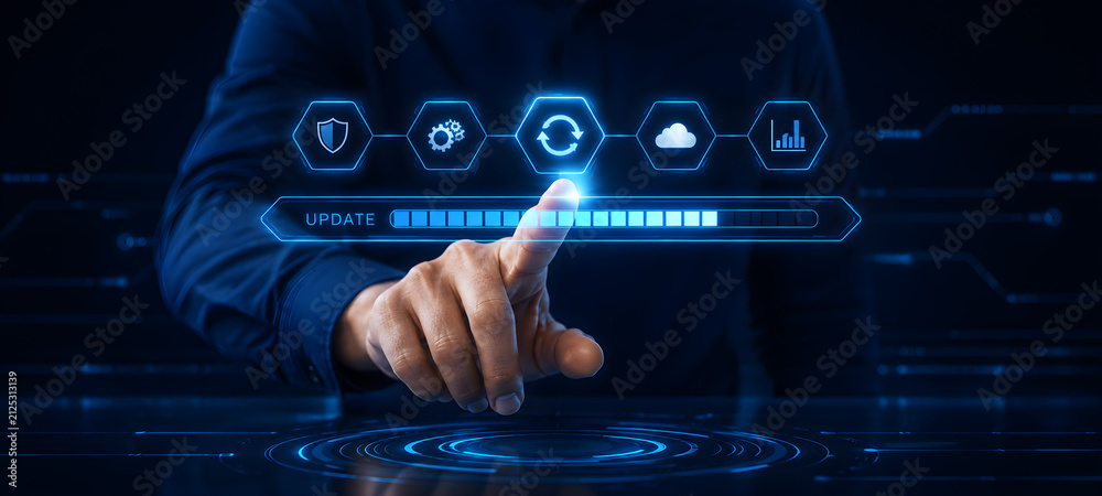 Fototapeta premium Hand touching glowing update button on digital progress bar interface with cloud and security icons 