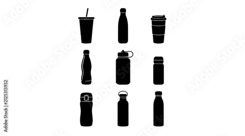 Collection of various beverage bottles and cups in black silhouette style