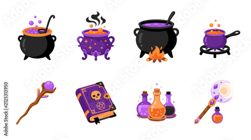 Set of cartoon witch cauldrons and potion ingredients