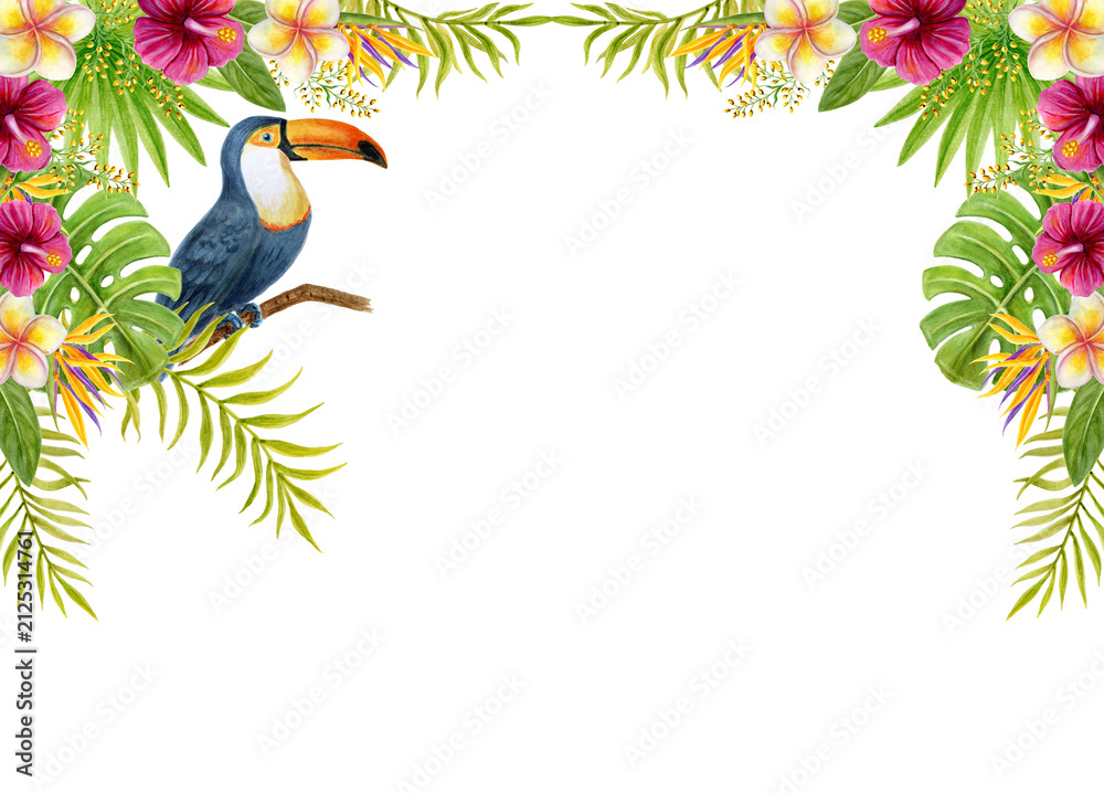 Obraz premium Tropical flowers and greenery frame with toucan. Hand drawn watercolor painting with Hibiscus flowers and palm leaves.