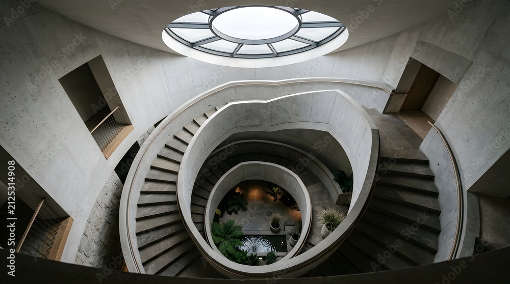 Fototapeta premium Modern Concrete Spiral Staircase Ascending to Circular Skylight with Indoor Garden Oasis Below