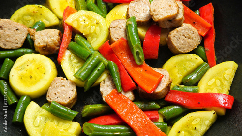 Healthy Vegetable Stir Fry with Plant-Based Sausage in Frying Pan