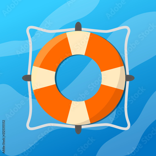 Orange and white life ring on blue water background. Summer vacation, beach tourism, and swimming pool safety equipment vector illustration.