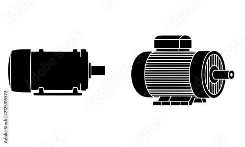 Industrial electric motor icon set featuring side view and perspective view of AC induction engine with drive shaft vector illustration.