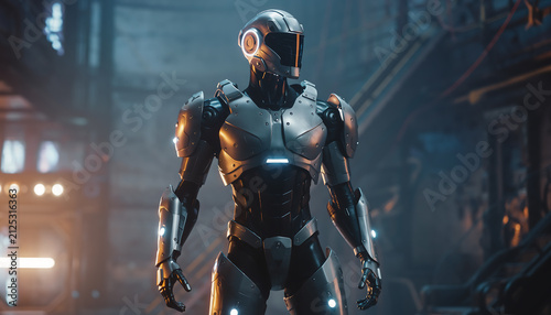 Futuristic Humanoid Robot Wearing Advanced Exo Armor in High Tech Sci-Fi Industrial Environment