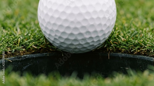 Extreme close-up of a white golf ball resting dangerously close to the edge of the dark cup on a vibrant, manicured putting green.