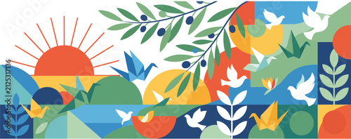 Colorful geometric vector illustration featuring symbolic peace doves and folded origami cranes amidst stylized sun rays and olive branch foliage set against a vibrant abstract landscape for modern 