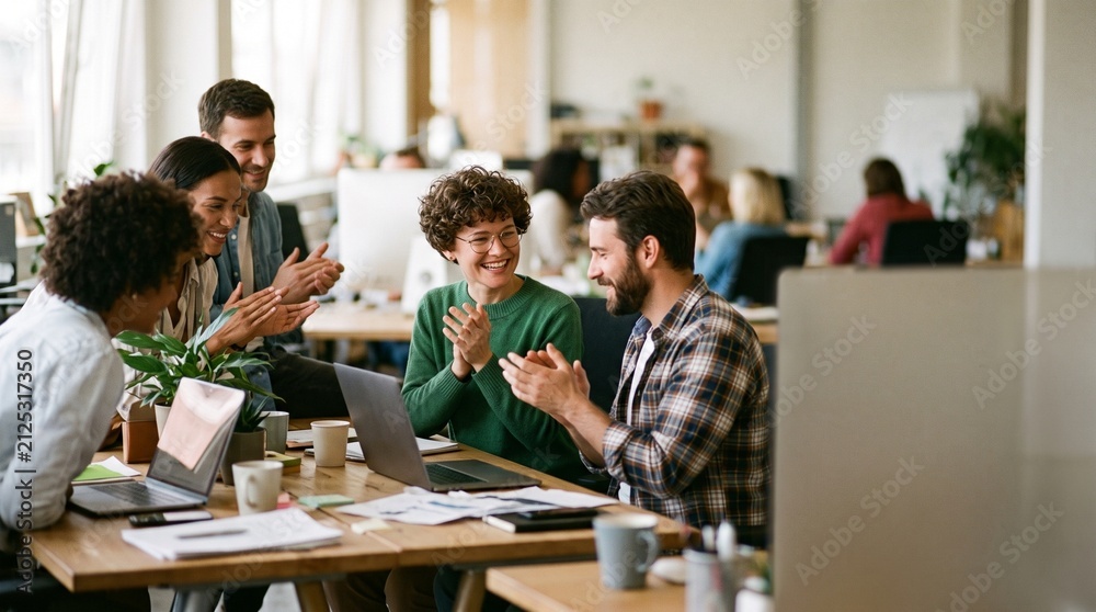 Obraz premium Group of people working together in an office setting while celebrating a successful project completion with applause