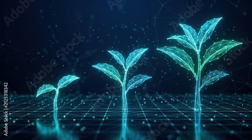 Digital seedlings growing in progressive stages over a glowing network representing business transformation.