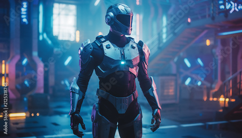 Futuristic Exo Armor Soldier Standing in Cyberpunk Industrial Facility with Advanced Sci-Fi Technology