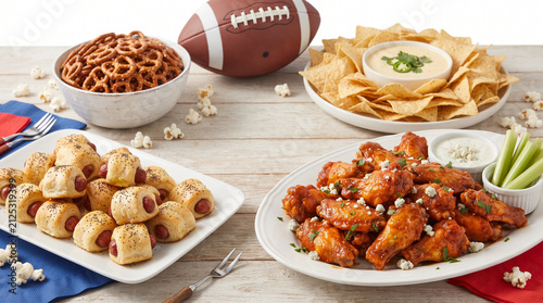 Game day snacks including hot dogs and spicy wings wait for guests to arrive.