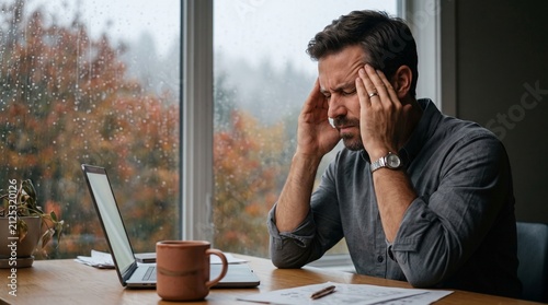 A portrait of a man rubbing temples in stress by a rainy window for seasonal affective disorder and sadness concepts.