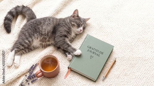 A paw touching a mental health calendar and planner next to tea for cozy self-care and morning reflection.