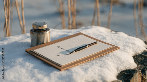 Calligraphy ink bottle and an abandoned New Year greeting card sit on a snowdrift in a desolate frozen field, the brushstroke mid-sentence trailing off where cultural nuance was