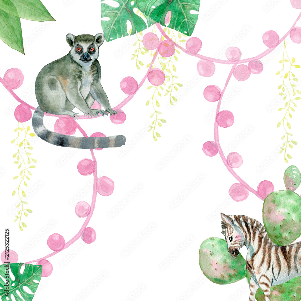 Fototapeta premium Watercolor greeting card featuring a lemur, tropical plants, and a pink garland and zebra