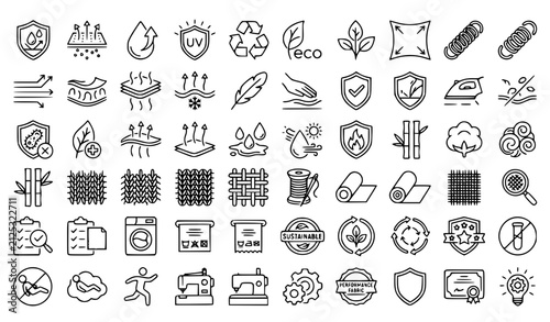 Textile Performance Outline Icons Collection with Moisture Wicking Eco Fabric and Protective Material Symbols