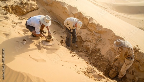 Archaeologists Excavating Buried Ceramic Vessel at Desert Dig Site