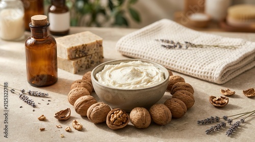 A bowl of creamy shea butter with walnuts and natural skincare essentials.