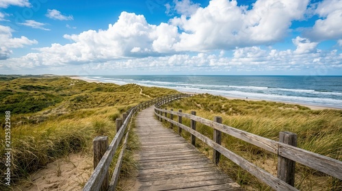 Scenic coastal landscape of sand dunes and the North Sea near Domburg, Netherlands.