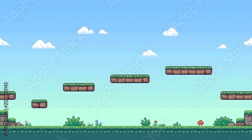 Pixel art platformer game background featuring grassy blocks floating in blue sky with soft white clouds and small wild flowers