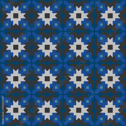 Seamless blue geometric tile pattern featuring repeated white star motifs and interlocking shapes. Ideal for textile prints, wallpaper, backgrounds, and decorative surfaces.