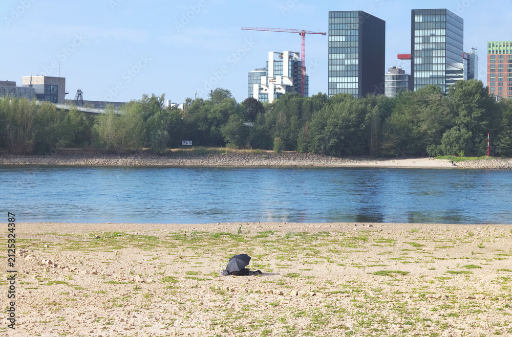 Obraz premium Low stream gauge of rhine river in Düsseldorf,Germany.Heatwave,Climate change,global warming,plants growing on the former river bed.
