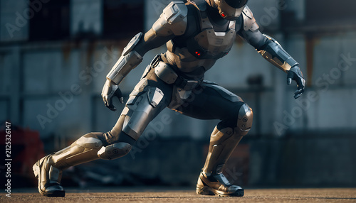 Elite Futuristic Soldier in Advanced Tactical Exosuit Armor Running in Sci-Fi Industrial Environment