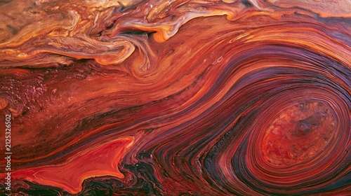 Abstract swirls of red orange and black paint texture