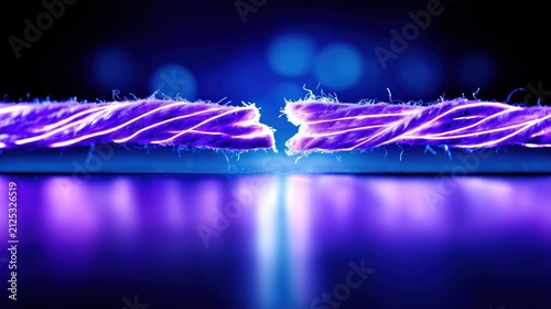 Glowing rope cut in half with purple and blue light against a dark blurred background, showing a broken connection and abstract industrial texture.