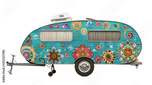 Turquoise floral travel trailer with decorative painted motifs