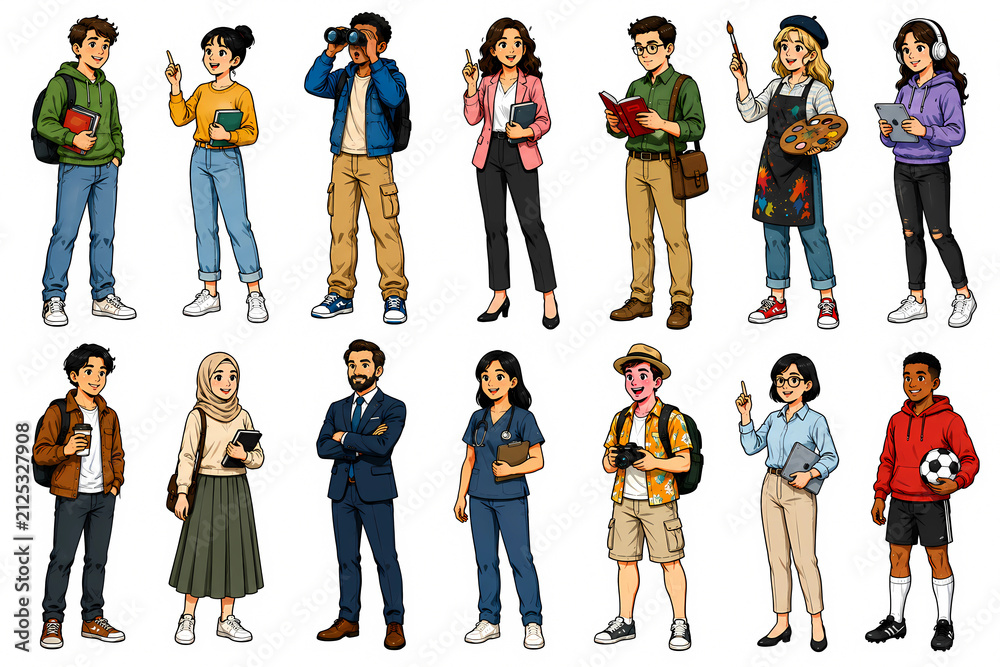 Fototapeta premium Diverse Cartoon Group of Professionals Students and Casual People Characters