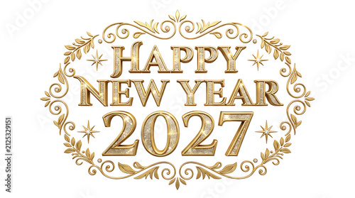 Happy New Year 2027 gold text with ornate vintage frame isolated on a black background for celebration