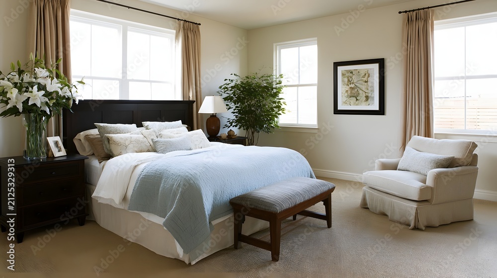Fototapeta premium A serene bedroom featuring a dark wood bed frame light blue quilt beige curtains and a cozy armchair near large