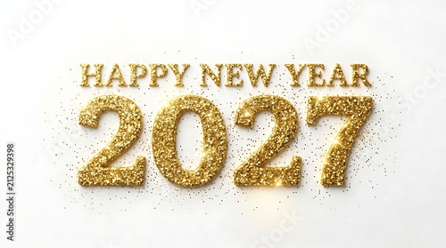 Happy New Year 2027 text made of sparkling gold glitter on a clean white background for celebration