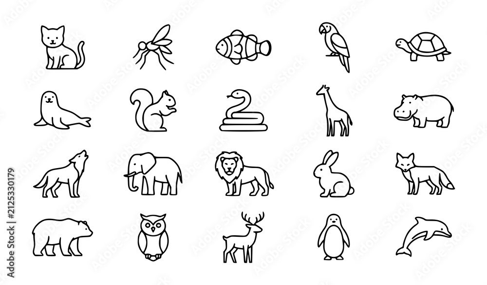 Obraz premium Collection of assorted animal illustrations featuring cats, dogs, birds, fish, reptiles, elephants, giraffes, and other wildlife