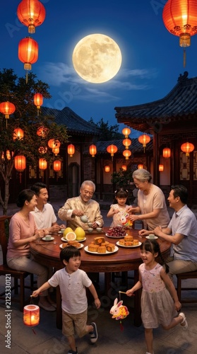 Multigenerational asian family celebrating mid autumn festival in traditional courtyard, gathering around round table under bright full moon, enjoying sweet mooncake, warm tea, red paper lantern.
