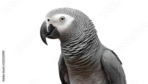 Fototapeta na wymiar Close-up portrait of an african grey parrot looking aside with wildlife intelligent tropical colorful birdlife portrait observant beautiful feathers rainforest