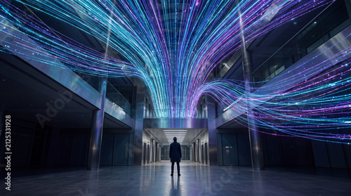 Silhouette standing beneath an arc of fiber-optic light streams
