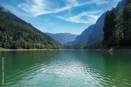Lac de Montriond in Haute-Savoie, a mountain lake in summer
