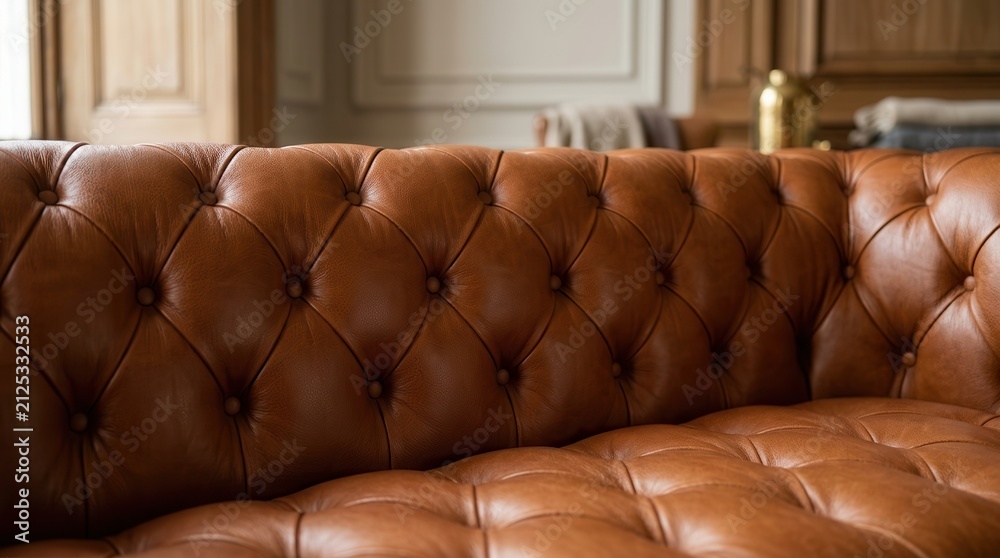 Obraz premium Premium brown leather upholstery with diamond pattern and vintage furniture style.